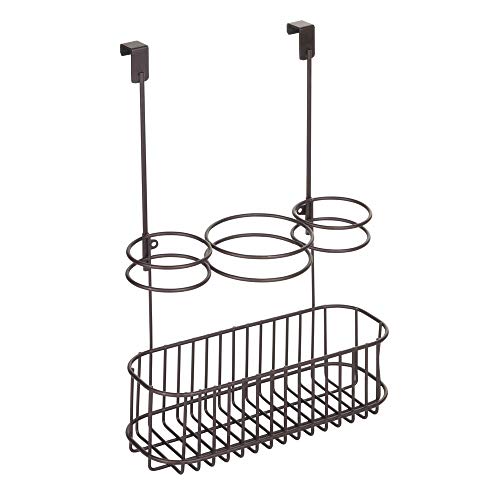 mDesign Soporte para secador - Cesta colgante, sin taladrar - Organizador para baño de productos de peluqueria – Elegante soporte para plancha, rizador o secador de pelo, en acero inoxidable