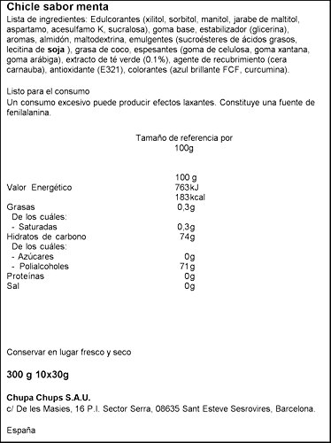Mentos Chicle Menta Verde, Sin Azúcar - 10 unidades de 30 gr. (Total 300 gr.)