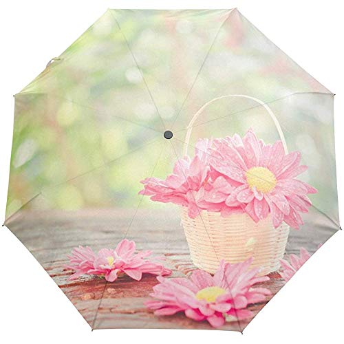 Merle House Pink Daisy Flower Glitter Happy Mother 's Day Auto Paraguas A Prueba de Viento, Viaje Resistente Protección UV Paraguas Parasol y Lluvia para Hombres Mujeres, Automático Abrir y Cerrar