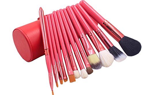 MERRYHE 12pcs Maquillaje Pinceles Kit Powder Foundation Eyeshadow Lip Brush Eye Face Maquillaje Conjunto De Herramientas con Funda De Cuero De La Taza,Red