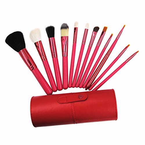 MERRYHE 12pcs Maquillaje Pinceles Kit Powder Foundation Eyeshadow Lip Brush Eye Face Maquillaje Conjunto De Herramientas con Funda De Cuero De La Taza,Red