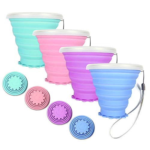 MHwan Vaso Plegable Silicona, Taza Plegable, Taza de Viaje de Silicona sin BPA con Tapas a Prueba de Fugas para el Senderismo de Camping al Aire Libre en el Hogar, 4 Piezas, 95X53X90 mm