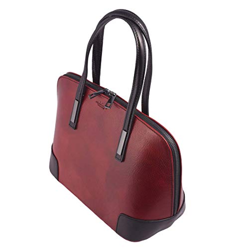 Michelangelo Piel Genuina, Piel de Becerro, Hecha a Mano, Italia - Bolso Redondo Girona en Cuero 39,5x15 A23,5 cm (Rojo)