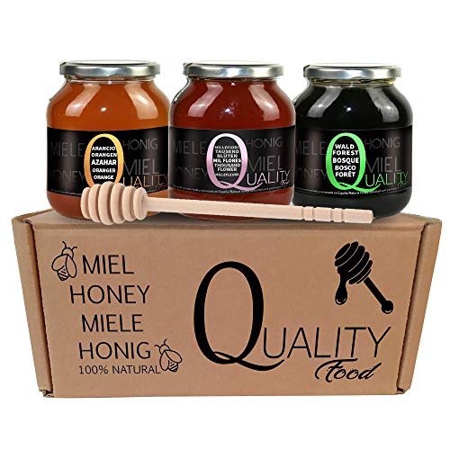 Miel pura de abeja 100%. Miel cruda sin pasteurizar ni calentar. Pack regalo y degustación 3x500g. Tarro de cristal. Origen España. Regalo: dispensador de madera.
