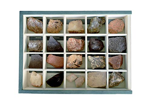 MINERALES Y FOSILES NANO Colección de 20 Rocas en Caja de Madera Natural - Rocas Reales educativas de Gran tamaño con Hoja de descripción. Kit Geología para niños