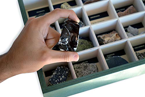MINERALES Y FOSILES NANO Colección de 20 Rocas Ígneas en Caja de Madera Natural - Rocas educativas de Gran tamaño con Hoja de descripción. Kit Geología para niños