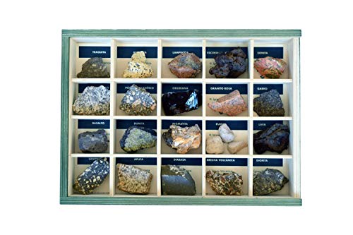 MINERALES Y FOSILES NANO Colección de 20 Rocas Ígneas en Caja de Madera Natural - Rocas educativas de Gran tamaño con Hoja de descripción. Kit Geología para niños