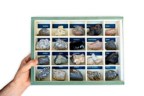MINERALES Y FOSILES NANO Colección de 20 Rocas Ígneas en Caja de Madera Natural - Rocas educativas de Gran tamaño con Hoja de descripción. Kit Geología para niños