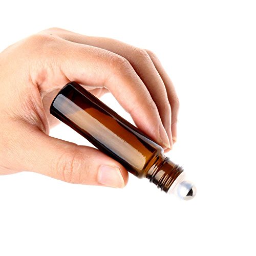 MINGZE 8 piezas 10ml Botellas de vidrio ámbar con bola de metal de acero inoxidable, Botella de aceite esencial Roll-on para aceite esencial, Botella de bola de rodillo para líquido