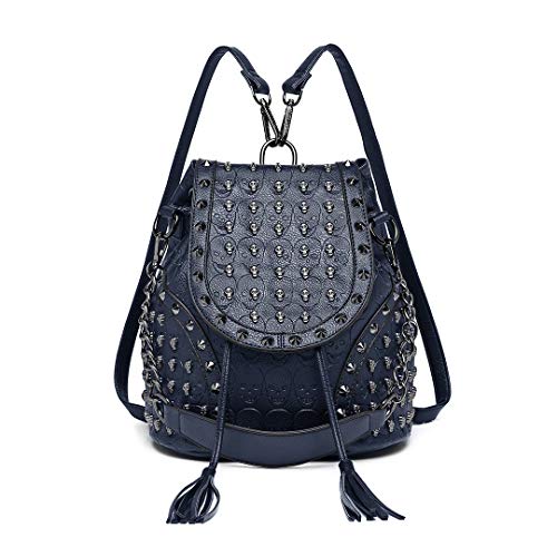 Miss Lulu Mochila de Moda Bolsos para Mujer Correa para el Hombro con Cadena Cráneos en Relieve con Tachuelas de Cuero de Imitación (Azul)
