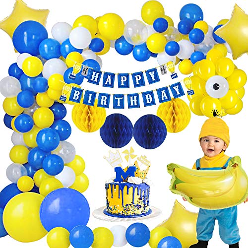 MMTX Decoraciones Fiesta Cumpleaños Plátano, Fiesta de Cumpleaños con Pancarta de Feliz Cumpleaños, Globo de Látex de un Ojo Pentagrama Globo de Aluminio Bola de Panal para Niños Plátano Party