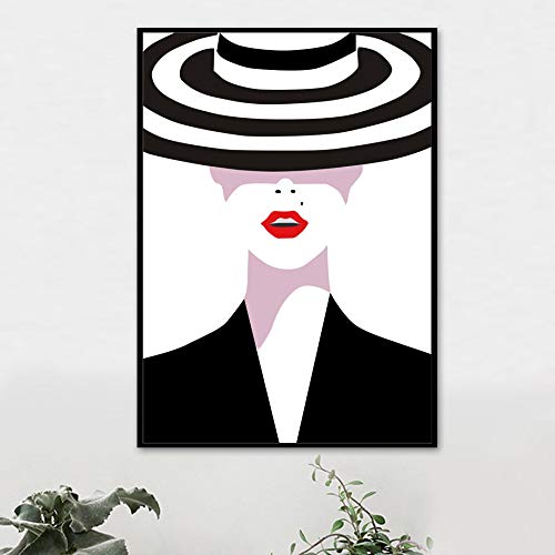 mmzki Blanco y Negro Vogue Girl Hat Labios Arte de la Pared Pintura de la Lona Carteles e Impresiones nórdicos Cuadros de la Pared para la Sala de Estar Decoración de la Pared w 50x70cm