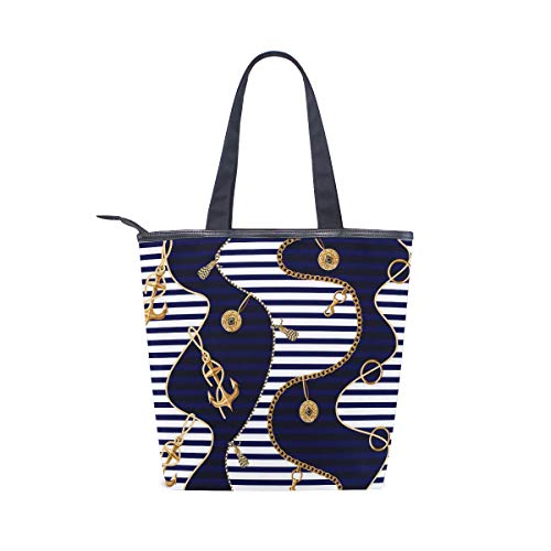Mnsruu Bolso de playa de lona grande, bolsa de compras de viaje, monedas de ancla dorada y cadenas, rayas azul marino, bolso de mano de vacaciones de verano para mujer