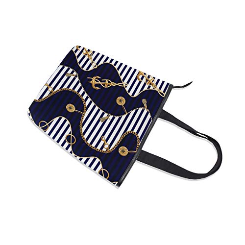 Mnsruu Bolso de playa de lona grande, bolsa de compras de viaje, monedas de ancla dorada y cadenas, rayas azul marino, bolso de mano de vacaciones de verano para mujer