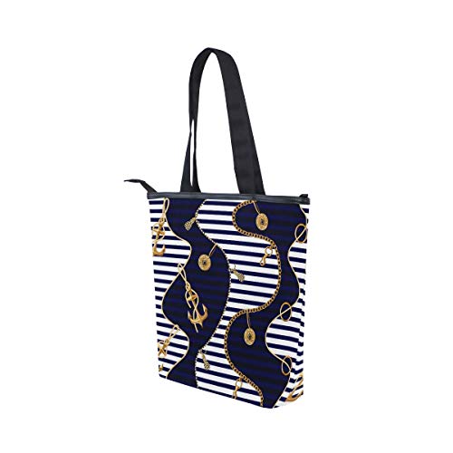 Mnsruu Bolso de playa de lona grande, bolsa de compras de viaje, monedas de ancla dorada y cadenas, rayas azul marino, bolso de mano de vacaciones de verano para mujer