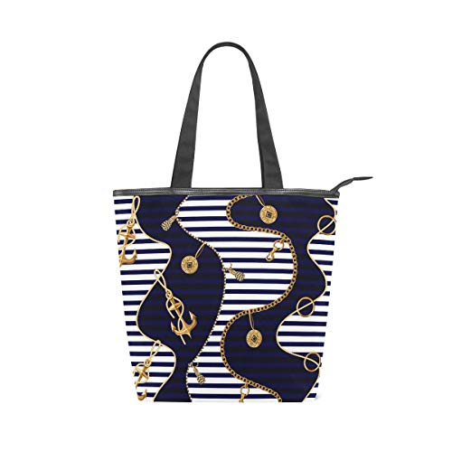 Mnsruu Bolso de playa de lona grande, bolsa de compras de viaje, monedas de ancla dorada y cadenas, rayas azul marino, bolso de mano de vacaciones de verano para mujer