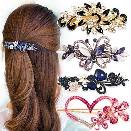 MOAMUN 4 Paquetes En Forma De Corazón Barrettes Para El Pelo De Cristal Piedras Del Pavo Real Pinza De Pelo Francesa, Accesorios De Joyería Nupcial Del Pelo Para La Boda Horquillas