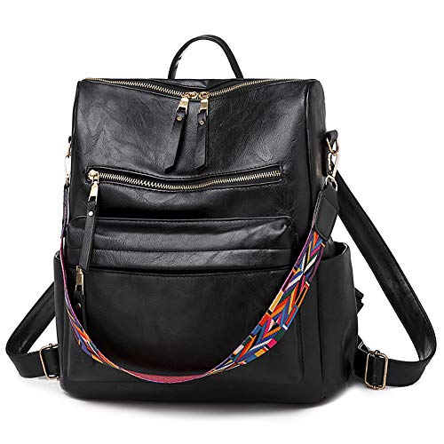 Mochila grande retro de las mujeres de cuero de la PU mochila de las mujeres mochila de viaje mochilas de hombro bolsas de escuela, color Negro, talla Talla única