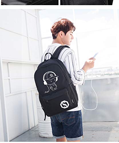 Mochilas Escolares, Mochila Luminosa de Anime Mochila Mochila de Hombro con Mochila Escolar con Cable USB y Bolsa de Bloqueo y lápiz para Adolescentes niñas (Negro)