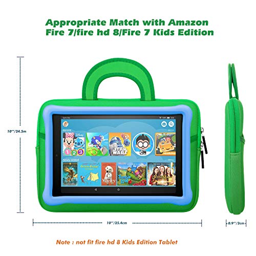 MoKo Funda de Fieltro Compatible con Amazon Tablet 7-8 Pulgadas - Maletín Portátil de Neopreno para Fire Kids Edition (5th Generación, 2015), Fire 7 2019/2017, Fire HD 8, Dinosaurio Verde