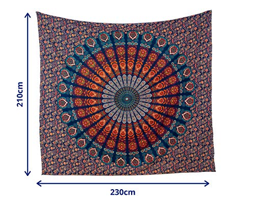 MOMOMUS Tapiz de Mandala - Hecho a Mano con Algodón 100% y Tintes Vegetales Naturales - Adornos de Arte para Pared de Hogar, Pareo/Toalla de Playa Grande, Sofá - Elegante y Bohemio - 210x230cm Aprox