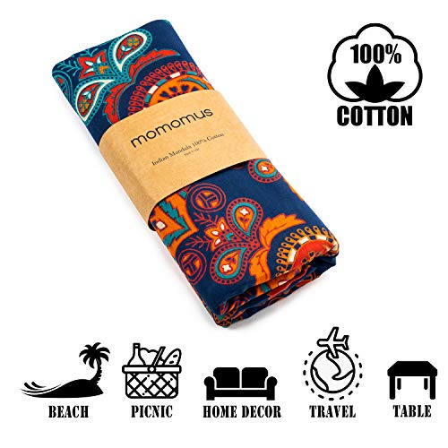MOMOMUS Tapiz de Mandala - Hecho a Mano con Algodón 100% y Tintes Vegetales Naturales - Adornos de Arte para Pared de Hogar, Pareo/Toalla de Playa Grande, Sofá - Elegante y Bohemio - 210x230cm Aprox