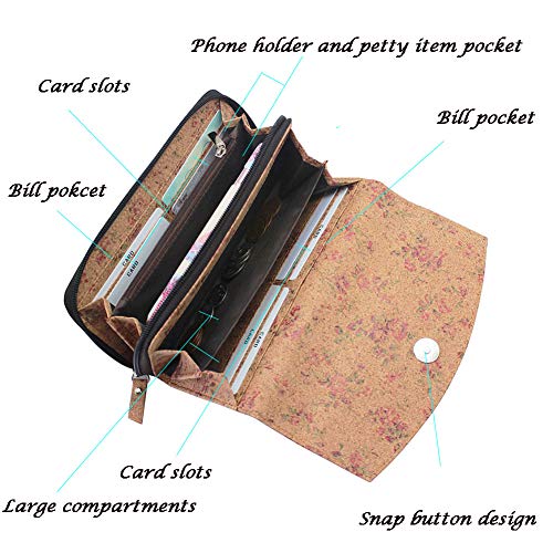 Monedero de corcho vegano, monedero de Boshiho Monedero para teléfono inteligente de gran capacidad Monedero con cremallera Monedero largo con portatarjetas Bolsillo para monedas Regalo vegan (Cork 2)