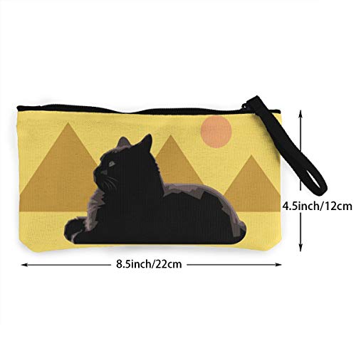Monedero de lona para mujer con diseño de pirámide con estatua de gato negro, bolsa de maquillaje con cremallera, cartera para mujer de 4.5 x 8.5 pulgadas