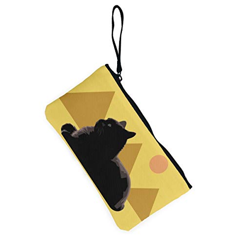 Monedero de lona para mujer con diseño de pirámide con estatua de gato negro, bolsa de maquillaje con cremallera, cartera para mujer de 4.5 x 8.5 pulgadas