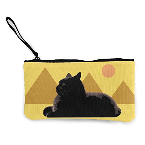 Monedero de lona para mujer con diseño de pirámide con estatua de gato negro, bolsa de maquillaje con cremallera, cartera para mujer de 4.5 x 8.5 pulgadas
