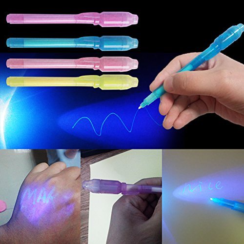 MonQi 14 pezzi Permanente Bolígrafo de Tinta Invisible con luz UV + 5 Plantillas (Cientos de Diseños Gráficos), Rotuladores de luz UV, Bolígrafos Espía , Bolígrafo Secreta para cumpleaños, Navidad