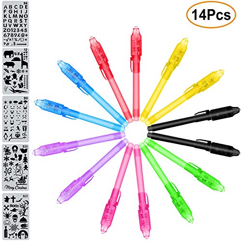 MonQi 14 pezzi Permanente Bolígrafo de Tinta Invisible con luz UV + 5 Plantillas (Cientos de Diseños Gráficos), Rotuladores de luz UV, Bolígrafos Espía , Bolígrafo Secreta para cumpleaños, Navidad