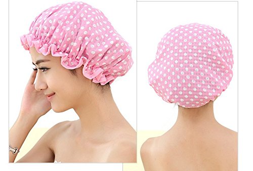 Moolecole Mujer Polca Puntos Impreso Impermeable Ducha Gorra Doble Capa Baños Gorra Elástico Banda Spa Ducha Sombrero Rosado