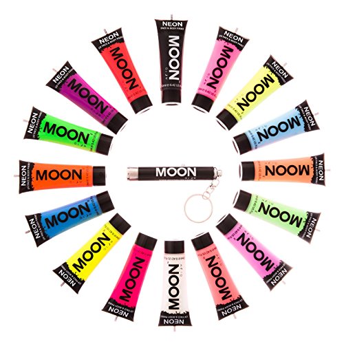 Moon Glow - Pintura Corporal y Facial 12ml UV GLOW Conjunto De 16 Tubos Neón Fluorescente incandescente - UV LUZ INCLUIDO