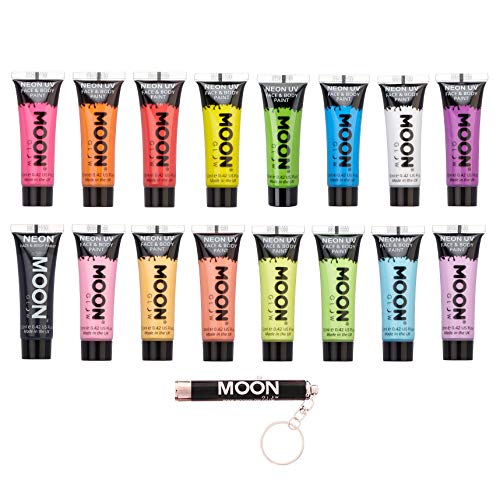 Moon Glow - Pintura Corporal y Facial 12ml UV GLOW Conjunto De 16 Tubos Neón Fluorescente incandescente - UV LUZ INCLUIDO