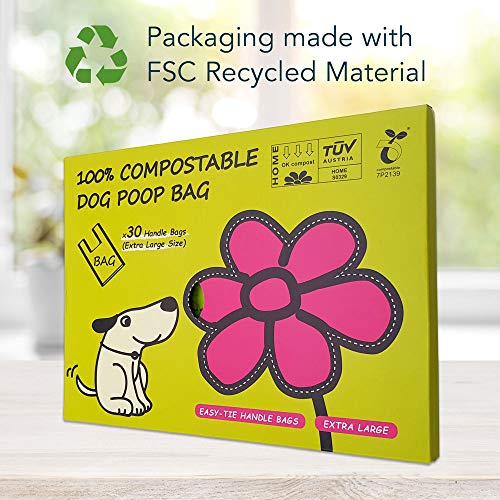 moonygreen Bolsas para Excrementos de Perro Biodegradables - Origen Vegetal, Compostaje Casero, Sin Microplásticos, Sin Perfumes y Resistentes a Fugas - 30 x 45 cm con Asas, Paquete de 30