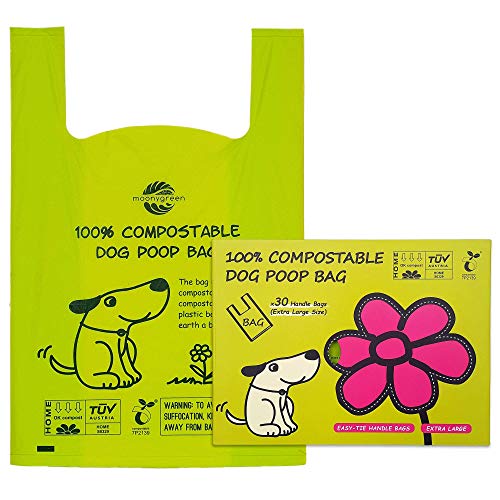 moonygreen Bolsas para Excrementos de Perro Biodegradables - Origen Vegetal, Compostaje Casero, Sin Microplásticos, Sin Perfumes y Resistentes a Fugas - 30 x 45 cm con Asas, Paquete de 30