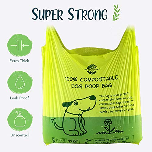 moonygreen Bolsas para Excrementos de Perro Biodegradables - Origen Vegetal, Compostaje Casero, Sin Microplásticos, Sin Perfumes y Resistentes a Fugas - 30 x 45 cm con Asas, Paquete de 30