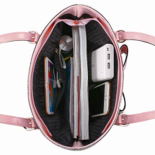 MOSISO Tote Bolsa para Mujeres Compatible con 2019 MacBook Pro 16 A2141&Notebook,15.6 Pulgadas PU Cuero de Cuadrícula Patrón de Gran Capacidad Trabajo Viaje de Negocios Maletín con Bowknot,Rosa&Rojo