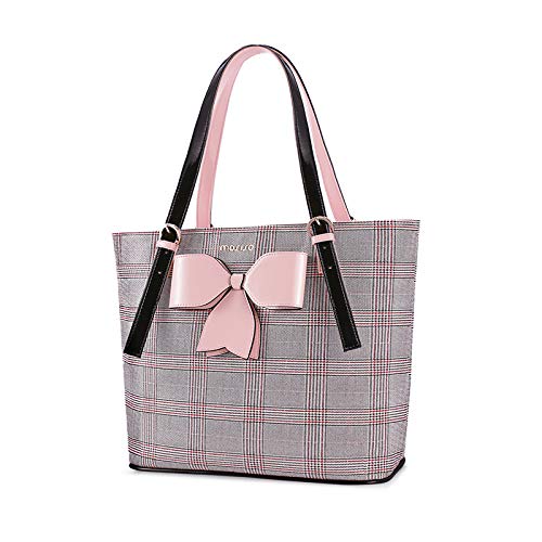 MOSISO Tote Bolsa para Mujeres Compatible con 2019 MacBook Pro 16 A2141&Notebook,15.6 Pulgadas PU Cuero de Cuadrícula Patrón de Gran Capacidad Trabajo Viaje de Negocios Maletín con Bowknot,Rosa&Rojo