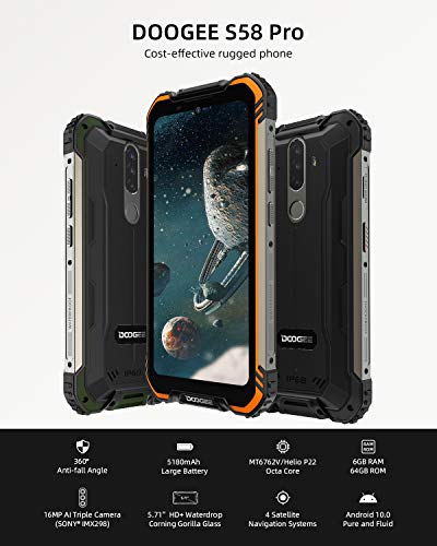 Móvil Resistente, DOOGEE S58 Pro Smartphone 4G Android 10, Cámara Triples 16MP Cámara Frontal 16MP, 6GB+64GB-SD 256GB, 5180mAh, 5.7 Pulgada IP68/IP69K Teléfono Móvil Libre Antigolpes, NFC/GPS, Naranja