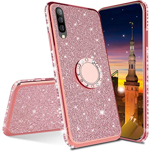 MRSTER Funda para Samsung Galaxy A7 2018, Glitter Bling TPU Bumper Brillante Diamante Protector Case con Soporte Ring Kickstand de 360 Grados Carcasa para Samsung Galaxy A7 2018. Rose Gold