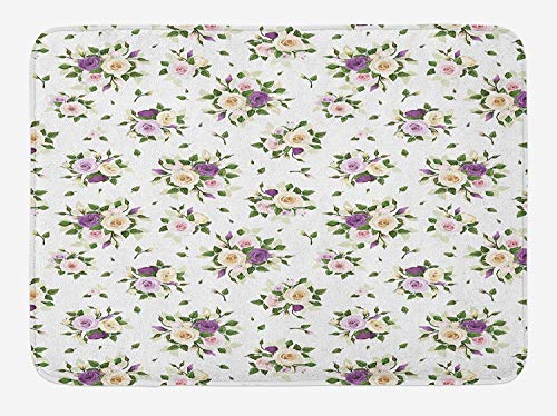 MSGDF Rose Bath Mat, Roses and Lisianthus Flowers Fragrant Symbol of Love Rosebuds Bud Baroque, Plush Bathroom Decor Mat with Non Slip Backing, 23.6 W X 15.7 W Inches, Purple Cream Green