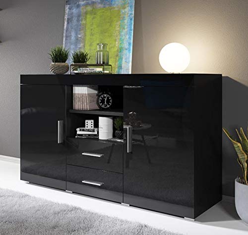 muebles bonitos Aparador Moderno Modelo Roque Negro de melamina Brillo Ancho 140cm Alto 80cm Profundo 40cm