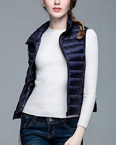 Mujer Ultraligero Chaleco Portátil de Plumón Cremallera Sin Mangas Ligero Plegable de Abrigo de Invierno Marina de Guerra L