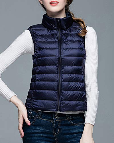Mujer Ultraligero Chaleco Portátil de Plumón Cremallera Sin Mangas Ligero Plegable de Abrigo de Invierno Marina de Guerra L