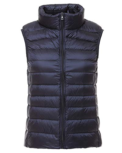 Mujer Ultraligero Chaleco Portátil de Plumón Cremallera Sin Mangas Ligero Plegable de Abrigo de Invierno Marina de Guerra L