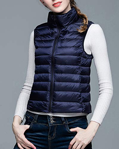 Mujer Ultraligero Chaleco Portátil de Plumón Cremallera Sin Mangas Ligero Plegable de Abrigo de Invierno Marina de Guerra L