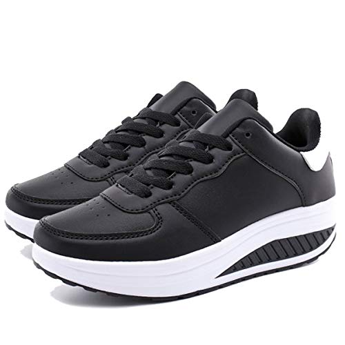 Mujer Zapatillas de Deporte Cuña Zapatos para Caminar Aptitud Plataforma Sneakers con Cordones Calzado de Tacón 4cm Negro EU 36