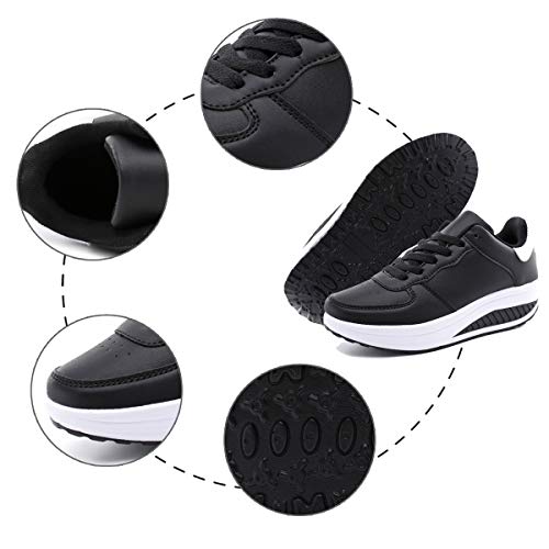 Mujer Zapatillas de Deporte Cuña Zapatos para Caminar Aptitud Plataforma Sneakers con Cordones Calzado de Tacón 4cm Negro EU 36